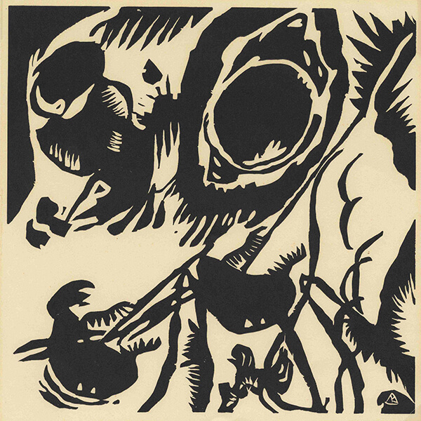 Abstract woodcut image in black and white.