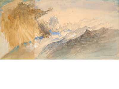 Watercolour sketch of storm cloud over mountain profile.