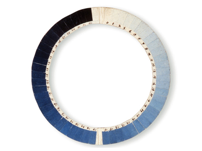 Disc with gradations of colour, from white, through blue, to black, marked on.