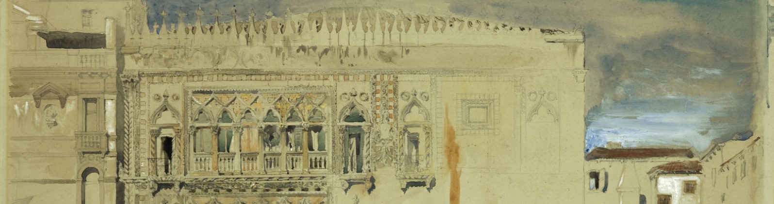 A painting of a building showing details around the windows and along the roof