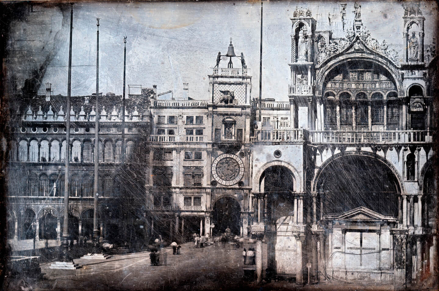 A black and white image of St Mark's square, Venice.