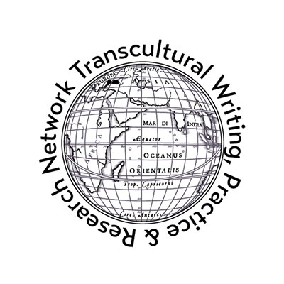 Logo for transcultural writing is a map of the world surrounded by writing
