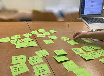A picture of post it notes on a table and an arm reaching to move them around