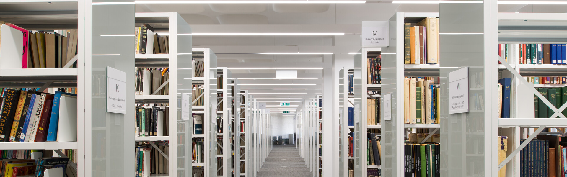 A picture of bookshelves within Lancaster University Library
