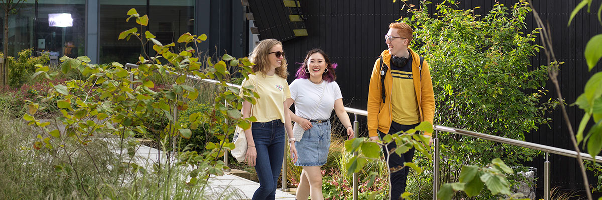 Students walk past Margaret Fell lecture theatre hero standard 1200x400px