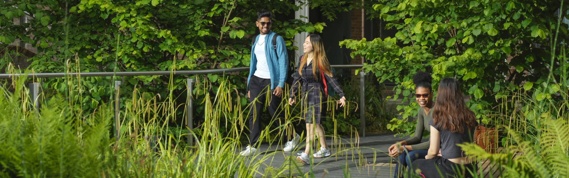 Students walking around green campus