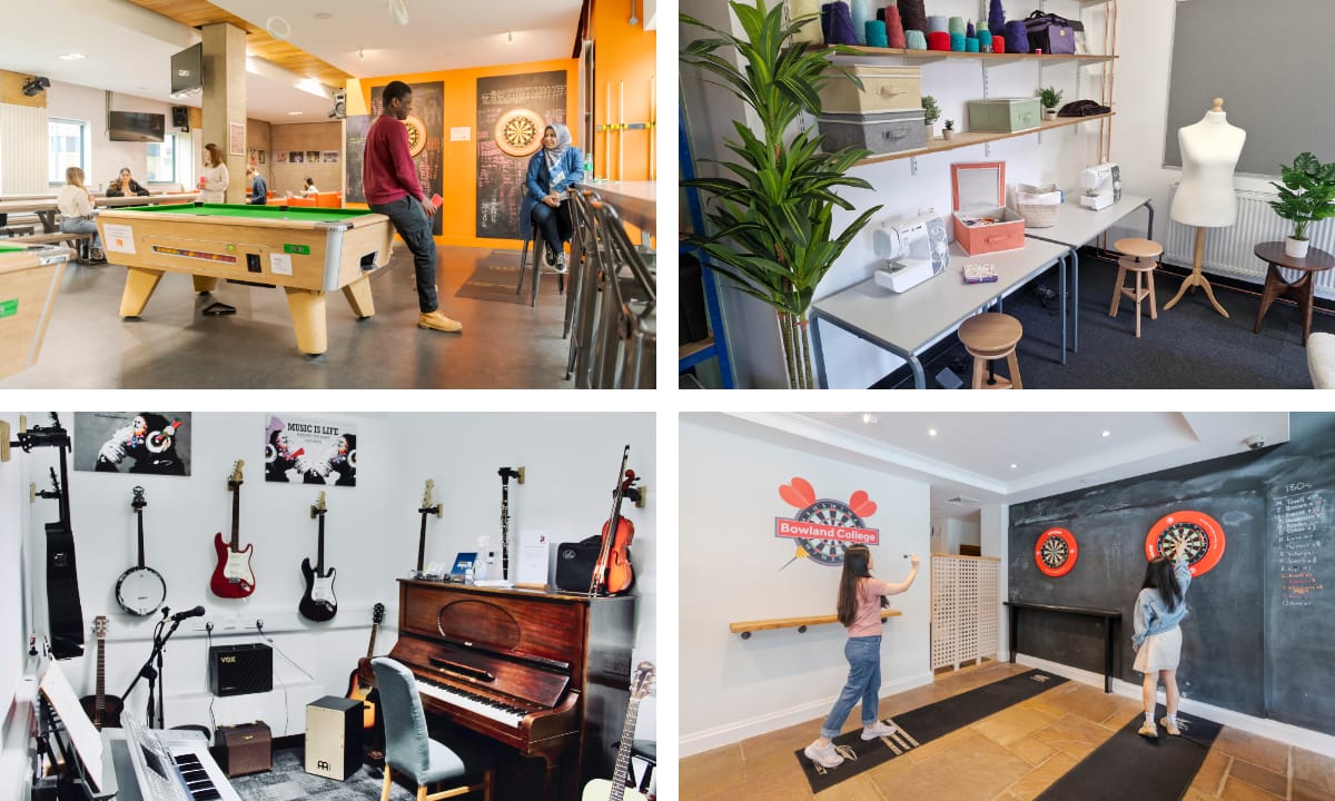 A collage of 4 photos of college facilities. The 1st photo shows pool tables and seats in Fylde College bar. The 2nd shows a room with sewing machines, threads and other haberdashery supplies. The 3rd shows musical instruments in a room. The 4th shows dartboards and games.