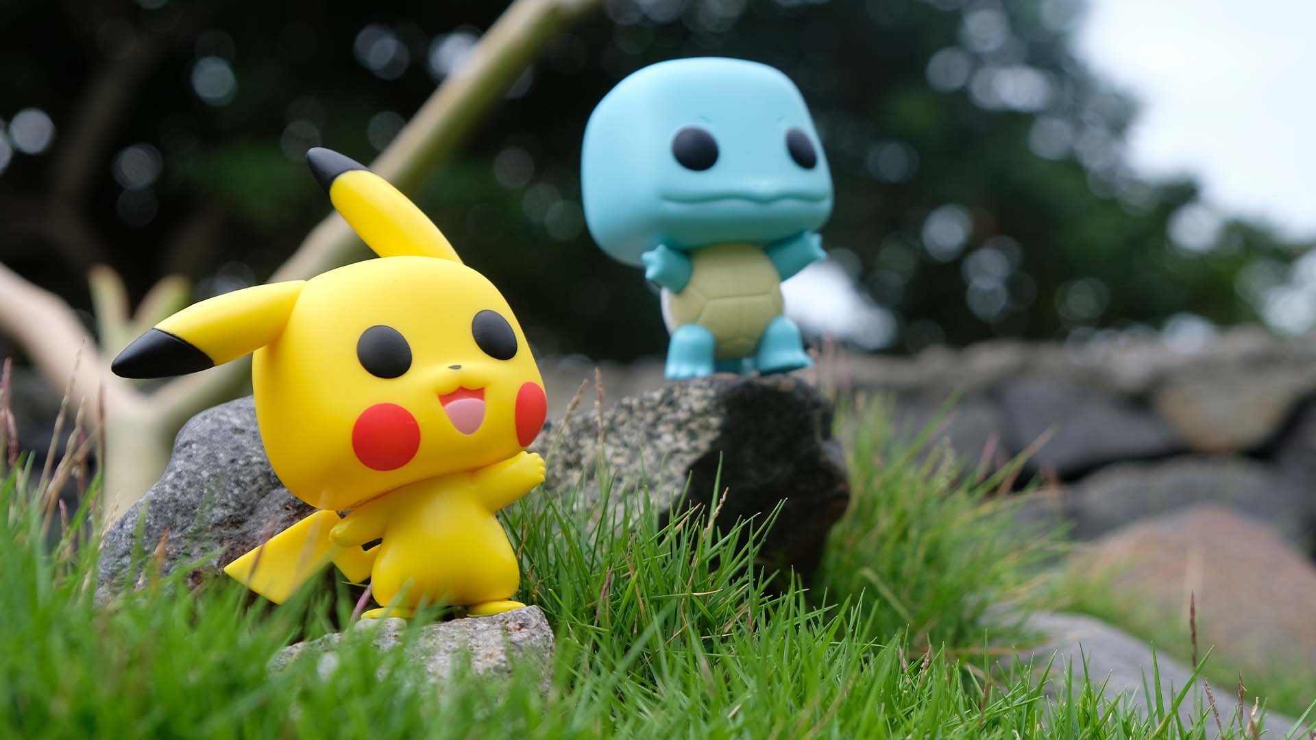 Pokemon figures standing in the long grass