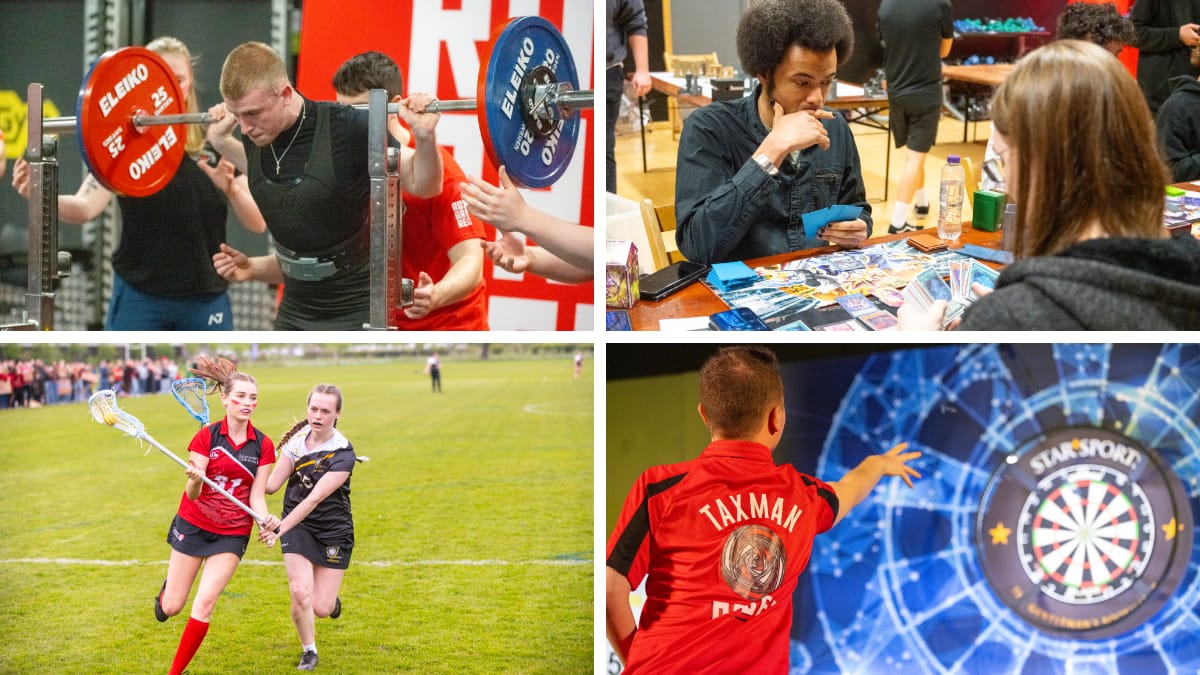 A collage of 4 different sports - power lifting, tabletop board games, darts and lacrosse.