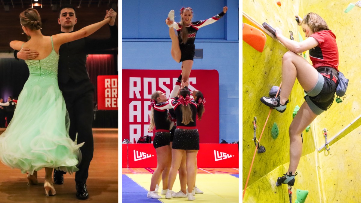 A collage of three different sports at Roses. Left to right, a couple do ballroom dancing. In the middle a group of cheerleaders hoist one of their team above their heads. The last shows a person rock climbing on an indoor wall.