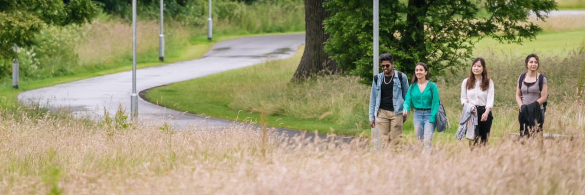 Four students walk from the Health Innovation Campus beside the Lake.