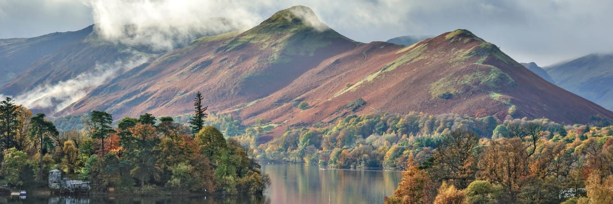 A view of mountains, woods and a lake in the Lake District.