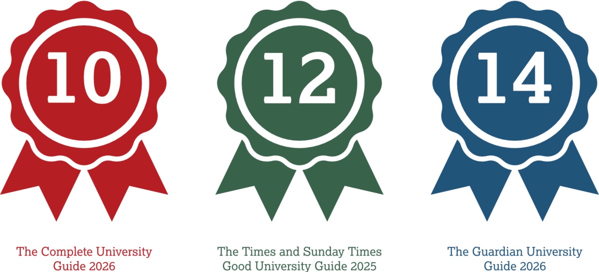 Three coloured rosettes describe Lancaster's rankings. The rosettes read: 10th in the Complete University Guide 2026; 11th in the Guardian University Guide 2025; 12th in the Times and Sunday Times Good University Guide 2025.
