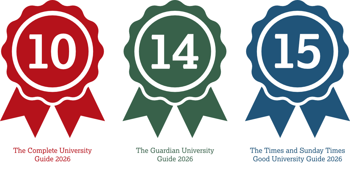 Three coloured rosettes describe Lancaster's rankings. The rosettes read: 10th in the Complete University Guide 2026; 14th in the Guardian University Guide 2026; 15th in the Times and Sunday Times Good University Guide 2026.
