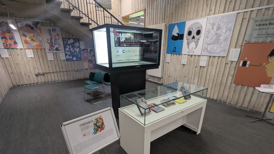 Library exhibition space showcasing UN SDGs