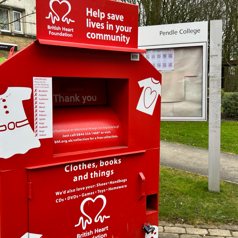 British Heart Foundation donation bin on campus