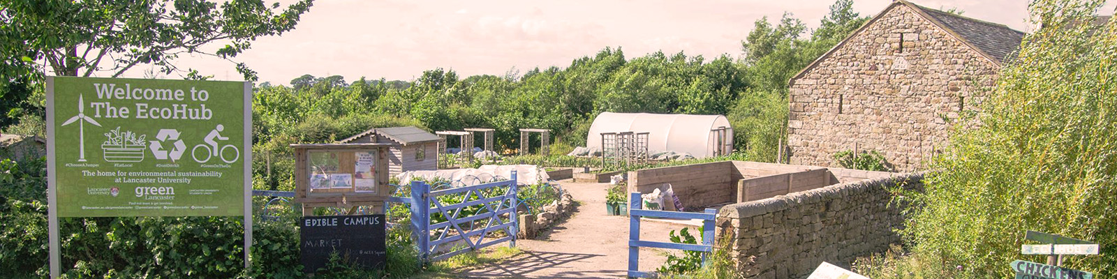 An image of the barn and allotment at the ECOHub on Southwest Campus