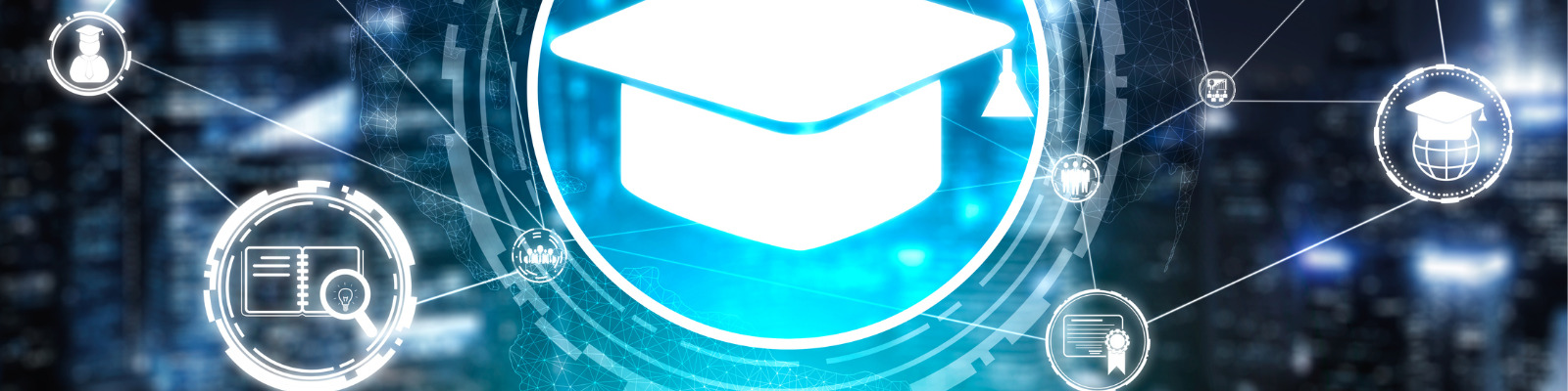 White mortarboard on blue background with lines showing connections to images representing education
