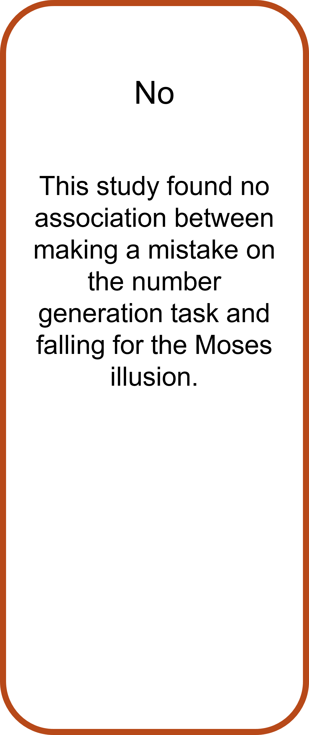 5. Are responses in number generation tasks associated with responses to the Moses Illusion? No   This study found no association between making a mistake on the number generation task and falling for the Moses illusion.