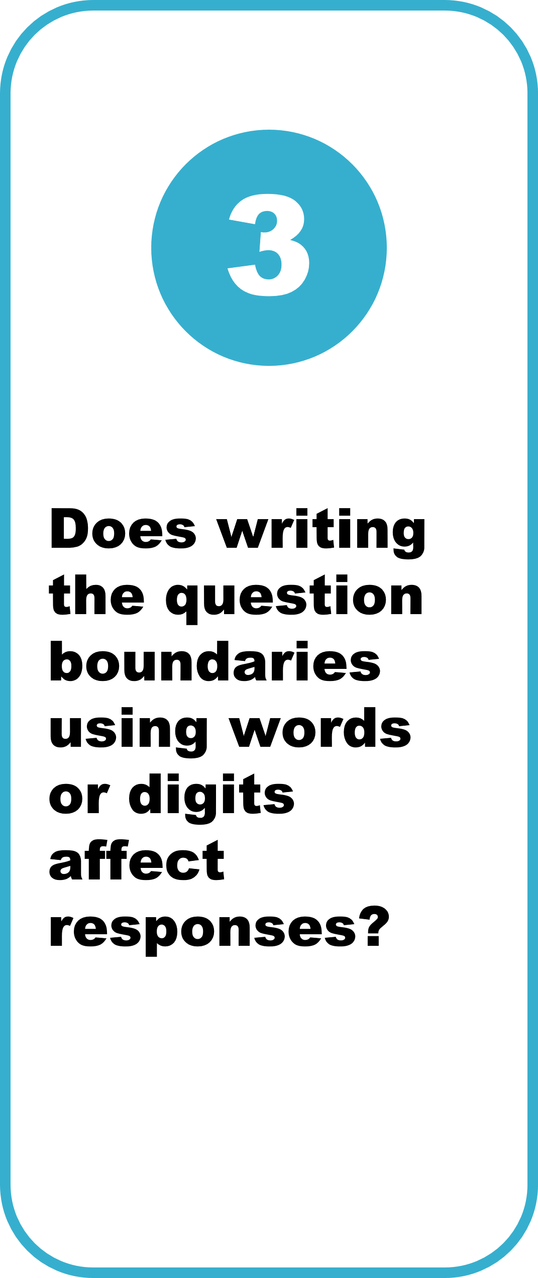 3. Does writing the question boundaries using words or digits affect responses? No   How the question was presented did not significantly affect the size or format of responses given. The majority of participants entered their responses using numerical digits, rather than words, regardless of condition.