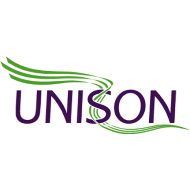 UNISON written in dark purple text with green swoosh in the background
